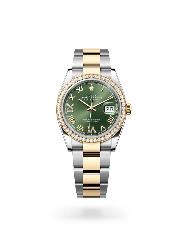 Rolex Datejust | 126283RBR | Datejust 36 | หน้าปัดประดับอัญมณี | หน้าปัดสีเขียวมะกอก | ขอบหน้าปัดประดับเพชร | Yellow Rolesor | M126283RBR-0012 | ชาย Watch | Rolex Official Retailer - Time Midas